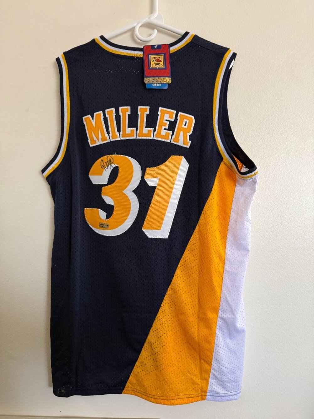 REGGIE MILLER SIGNED INDIANA PACERS AUTOGRAPHED ADIDAS JERSEY w/COA - L - 26-03